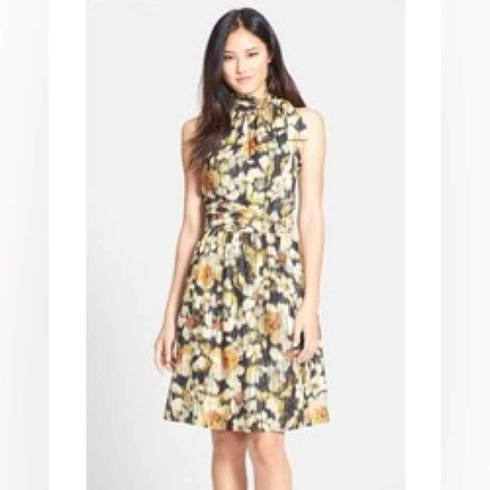 Cynthia Steffe NWT MEERA Floral Dress Mock Tie Neck Black and Yellow Size 0
